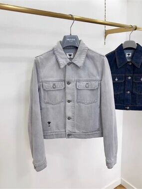 Dior Light Gray Cropped Denim Jacket with Subtle Embroidery on
